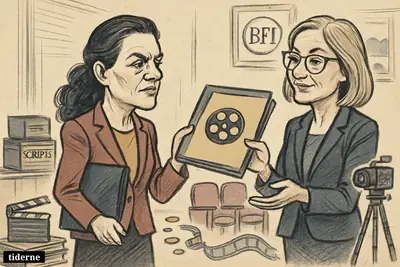 Isabel Davis receives a symbolic film-fund handover from Mia Bays in an office filled with cinema and funding-related props. (AI-genereret illustration)