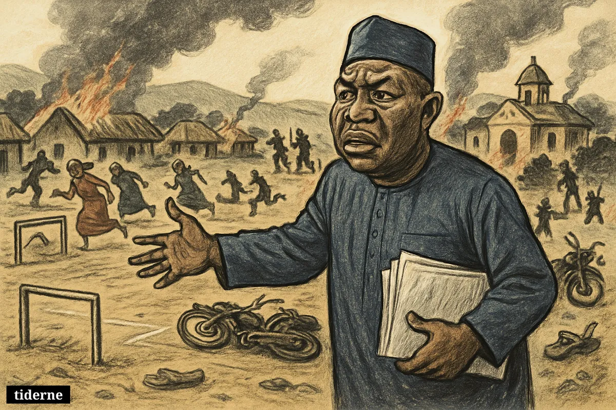 Caricature of Adamawa governor Ahmadu Umaru Fintiri surveying a attacked village football field as villagers flee burning homes and wrecked motorcycles.