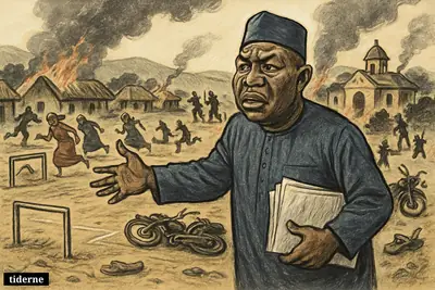 Caricature of Adamawa governor Ahmadu Umaru Fintiri surveying a attacked village football field as villagers flee burning homes and wrecked motorcycles.