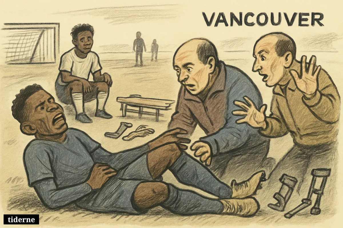 An injured soccer player clutches his leg on the field as medics rush in and an opposing player looks on anxiously. (AI-genereret illustration)