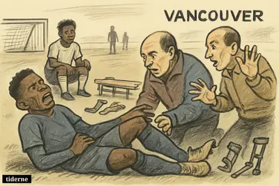 An injured soccer player clutches his leg on the field as medics rush in and an opposing player looks on anxiously. (AI-genereret illustration)