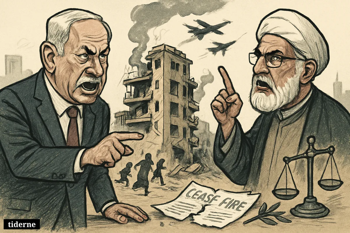 Caricature of Netanyahu and Naim Qassem confronting each other before shattered apartment buildings in Beirut, with rubble, fleeing civilians, warplanes, and broken ceasefire symbols.