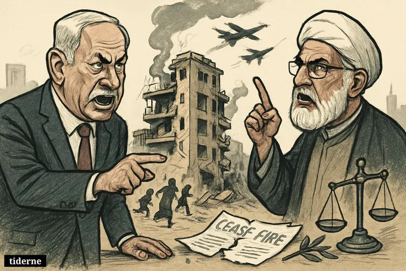 Caricature of Netanyahu and Naim Qassem confronting each other before shattered apartment buildings in Beirut, with rubble, fleeing civilians, warplanes, and broken ceasefire symbols.