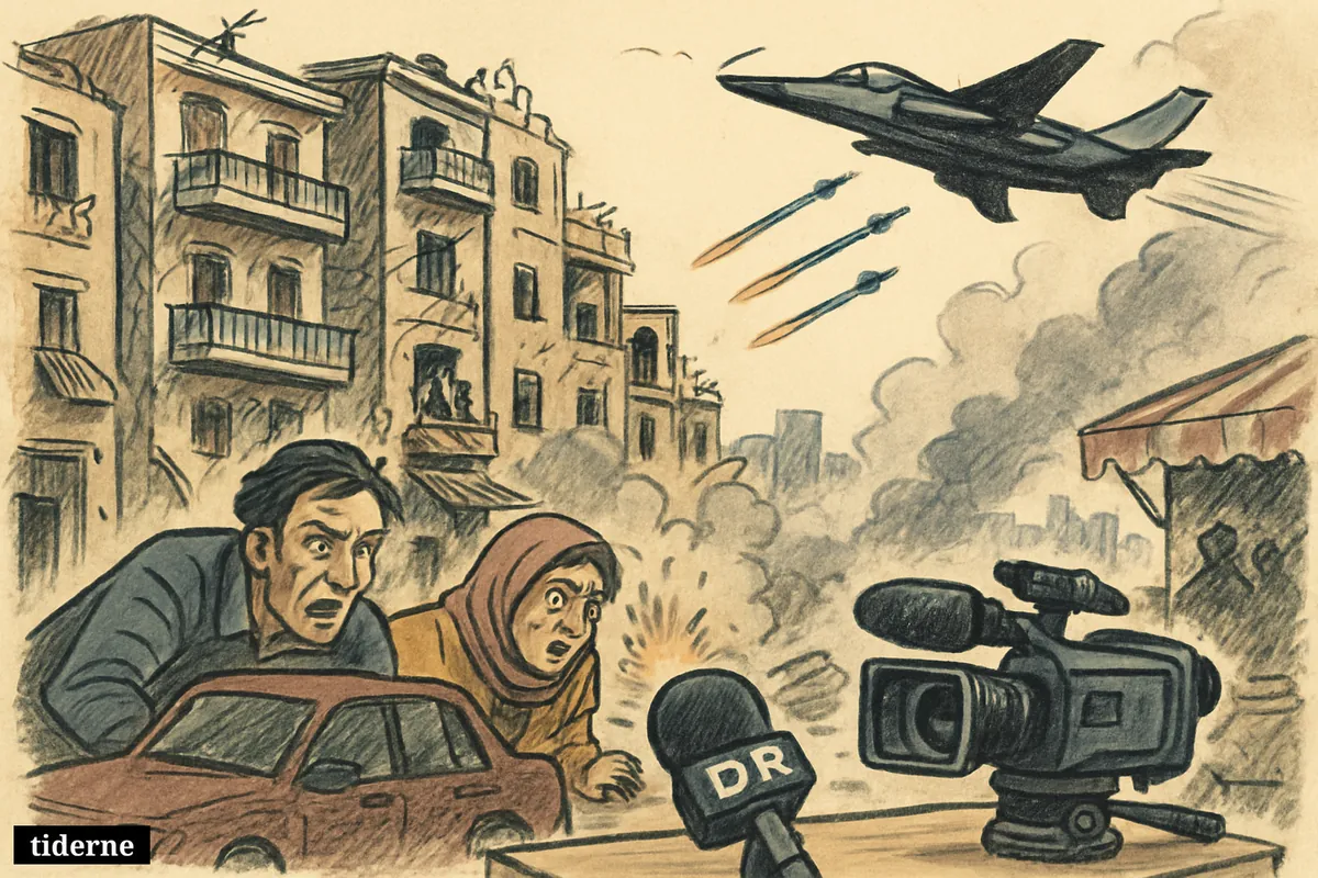 A Beirut street under airstrike, with civilians taking cover and broadcast equipment in the foreground as missiles strike nearby buildings.