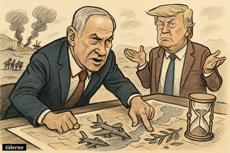 Caricatures of Benjamin Netanyahu and Donald Trump over a border war map, with miniature airstrikes, broken ceasefire symbols, and smoke rising behind them.