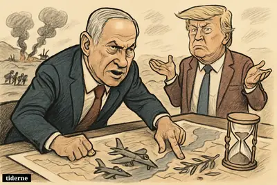 Caricatures of Benjamin Netanyahu and Donald Trump over a border war map, with miniature airstrikes, broken ceasefire symbols, and smoke rising behind them.