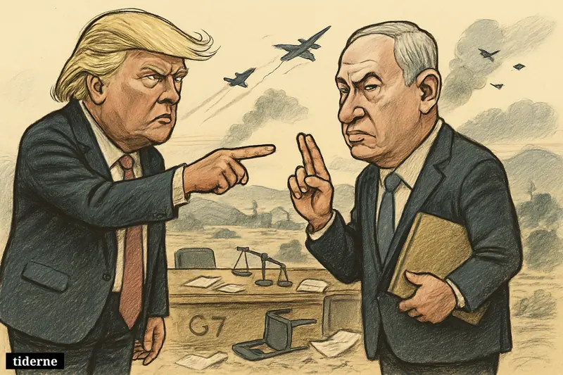 Trump angrily points at Netanyahu during a tense summit scene as jets and smoke over southern Lebanon fill the background.