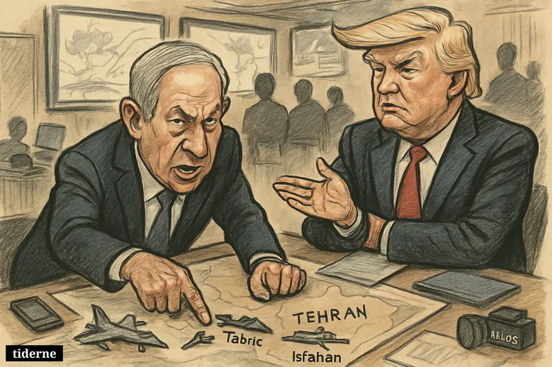 Caricature of Netanyahu and Trump in a war room over a map of Iran with jets, missiles, and conflict screens.