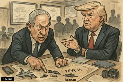 Caricature of Netanyahu and Trump in a war room over a map of Iran with jets, missiles, and conflict screens.