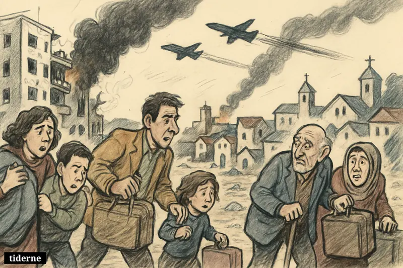 Families flee Tyros with belongings as smoke rises from damaged buildings, a church district appears nearby, and jets pass overhead.