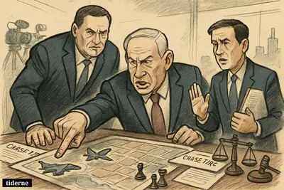 Caricatures of Netanyahu, Katz, and Rubio in a tense war room over a Beirut map, with jets, ceasefire papers, and diplomacy symbols.