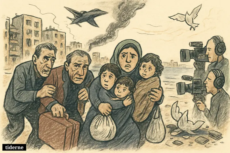 Families flee through Tyre with bags and children as smoke rises, a jet passes overhead, and a TV crew films nearby.
