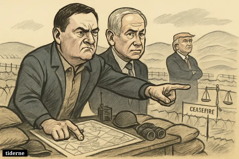 Israel Katz and Benjamin Netanyahu stand at a tense border security zone, with Trump observing nearby amid military and ceasefire symbols.