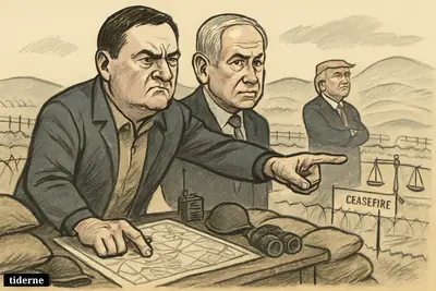Israel Katz and Benjamin Netanyahu stand at a tense border security zone, with Trump observing nearby amid military and ceasefire symbols.