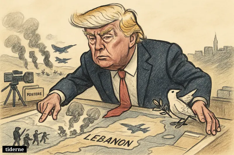 Caricature of Donald Trump looming over a Lebanon war map, with calm Beirut on one side and airstrikes hitting southern Lebanon on the other.