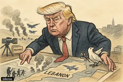 Caricature of Donald Trump looming over a Lebanon war map, with calm Beirut on one side and airstrikes hitting southern Lebanon on the other.