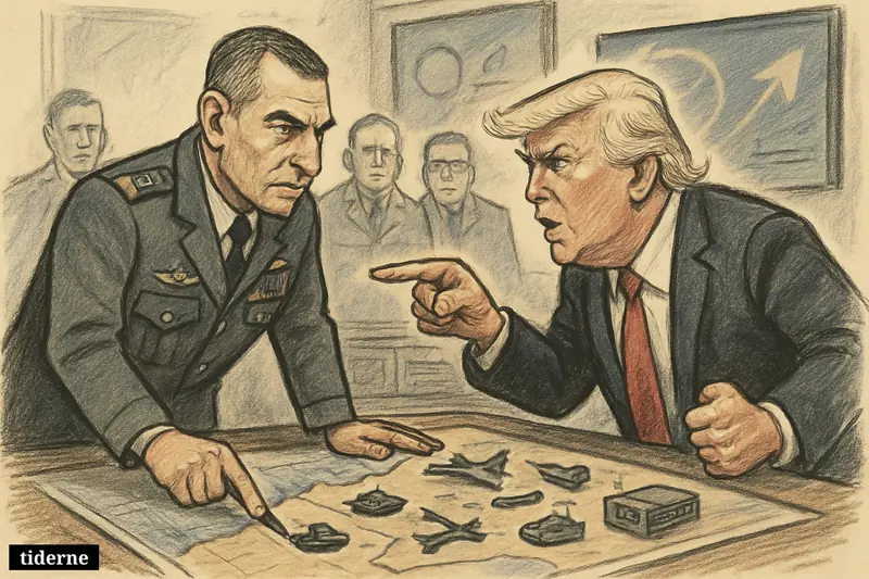 Caricature of Eyal Zamir and Donald Trump confronting each other over a war table in a high-alert military command room.