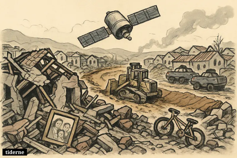 A ruined southern Lebanese village with bulldozed homes, military vehicles, scattered personal belongings, and a surveillance satellite looming overhead.