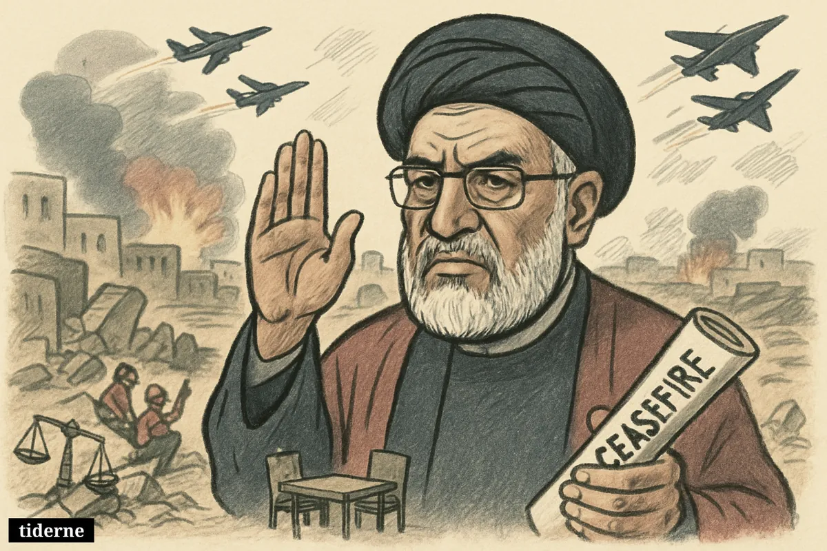 Naim Qassem stands before rubble and rescue workers as warplanes strike behind him, capturing a ceasefire overshadowed by continuing attacks.