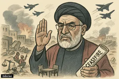 Naim Qassem stands before rubble and rescue workers as warplanes strike behind him, capturing a ceasefire overshadowed by continuing attacks.