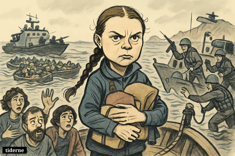 Greta Thunberg stands defiantly on an aid boat as patrol vessels surround a Gaza-bound flotilla in open sea near Crete.