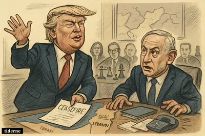 Trump abruptly announces a ceasefire in a war room while a startled Netanyahu and cabinet react around a map of Israel and Lebanon.