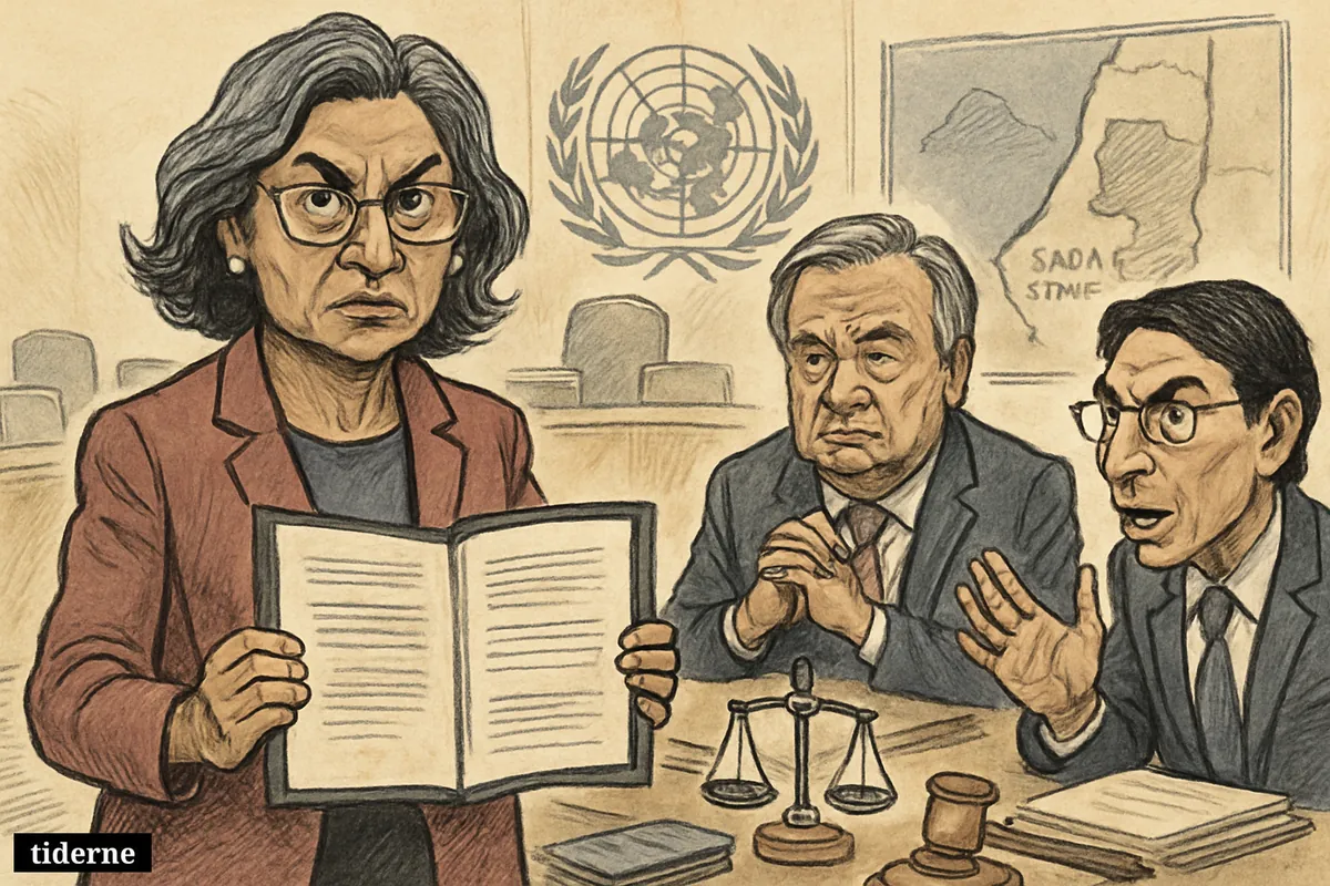 Pramila Patten presents a report in a UN chamber as António Guterres looks grave and Danny Danon reacts tensely.