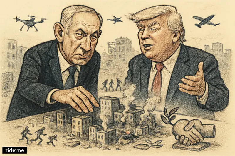 Netanyahu and Trump loom over a model of Beirut as smoke rises, with damaged buildings, fleeing civilians, and broken ceasefire symbols below.