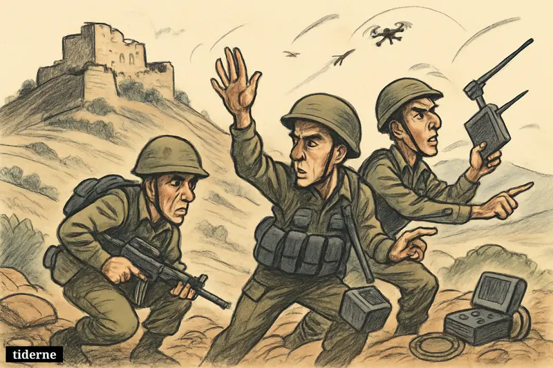 Caricature of Israeli soldiers advancing near Beaufort fortress in southern Lebanon, watching drones and rockets over a rugged border hillside.