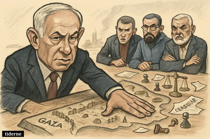 Caricature of Netanyahu looming over a Gaza war table while Sinwar, Deif, and Haniyeh face him across broken ceasefire lines and conflict symbols.