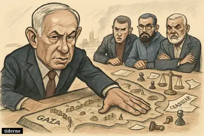 Caricature of Netanyahu looming over a Gaza war table while Sinwar, Deif, and Haniyeh face him across broken ceasefire lines and conflict symbols.
