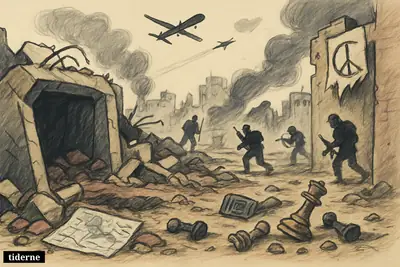 A ruined Gaza City street after an airstrike, with rubble, a crater, abandoned command gear, militant figures, and aircraft overhead.