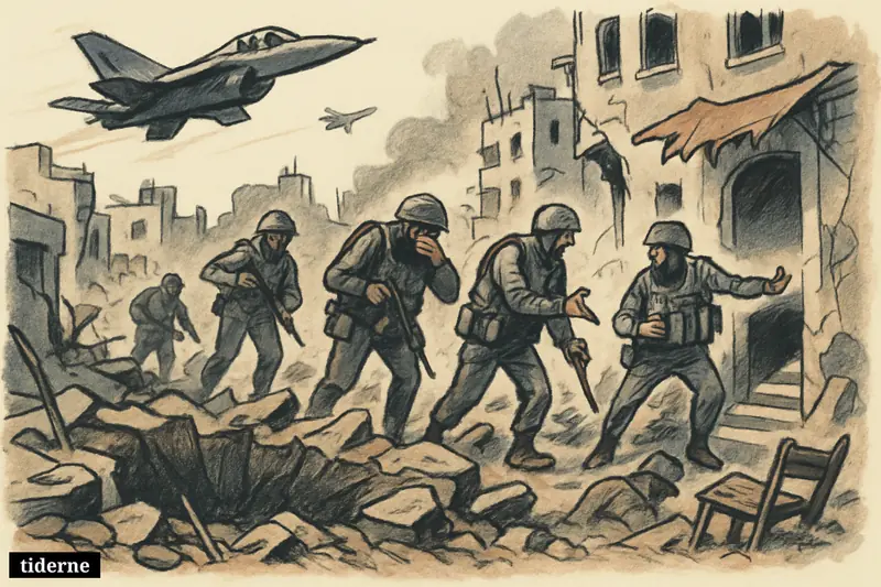 Rubble-filled Gaza street after an airstrike, with armed figures moving through debris and jets overhead near a collapsed entrance.