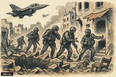 Rubble-filled Gaza street after an airstrike, with armed figures moving through debris and jets overhead near a collapsed entrance.