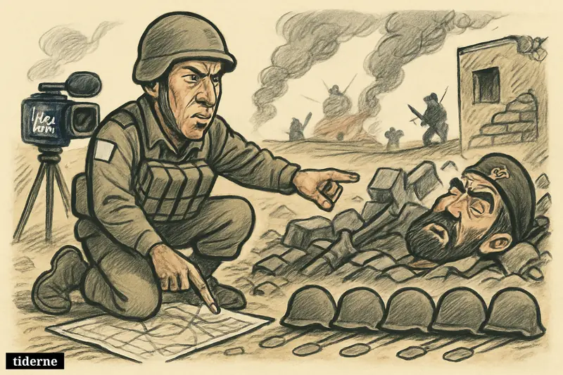 A caricature war scene shows an Israeli soldier surveying a strike site, a fallen commander, five memorial helmets, and TV news equipment nearby.