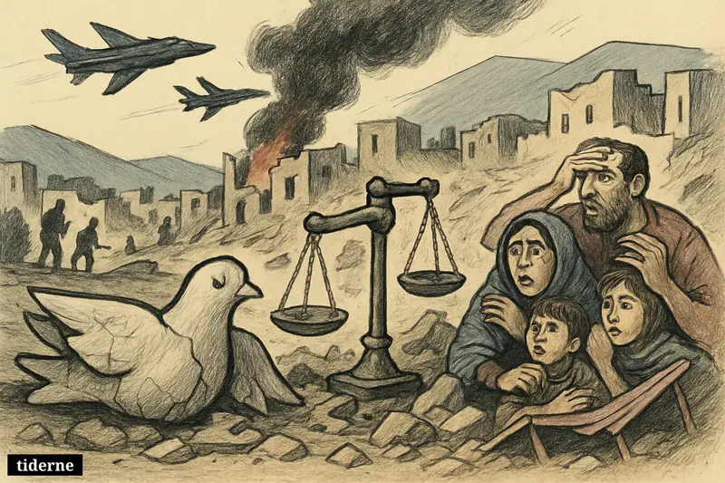 Civilians shelter in rubble as jets pass overhead, a broken dove statue and cracked scale symbolizing a fragile ceasefire in southern Lebanon.