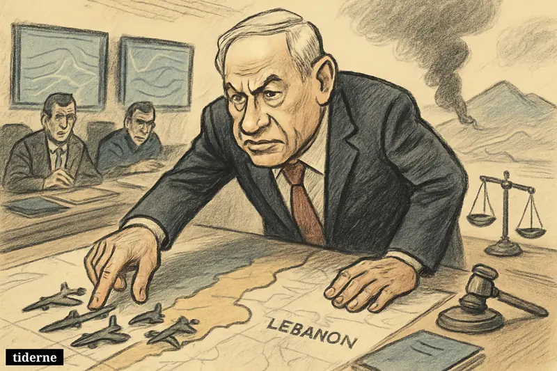 Caricature of Benjamin Netanyahu in a war room pushing attack markers across a map toward eastern Lebanon, with smoke and mountains behind.