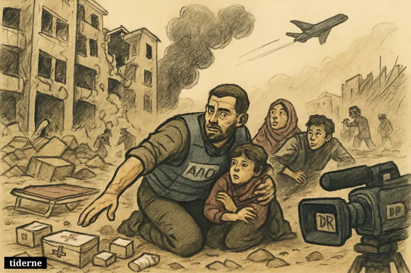 Civilians and an aid worker shelter in a damaged Gaza street after an airstrike, with smoke, rubble, and a nearby news camera.