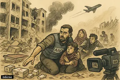 Civilians and an aid worker shelter in a damaged Gaza street after an airstrike, with smoke, rubble, and a nearby news camera.