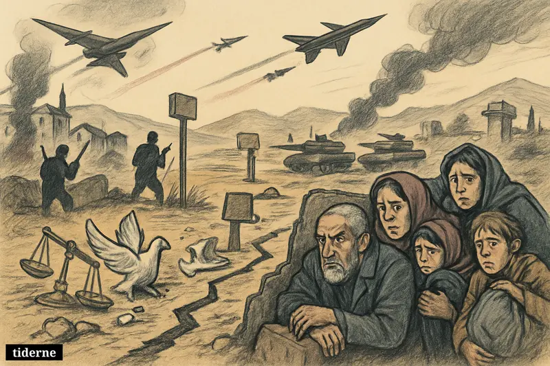 A border conflict scene with tanks, jets, frightened civilians, ruined buildings, and broken peace symbols showing a ceasefire collapsing.