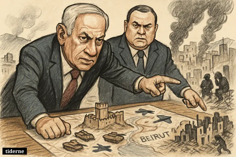 Caricature of Netanyahu and Israel Katz directing a military offensive over maps, with Beaufort Castle model and smoke rising over Beirut behind them.