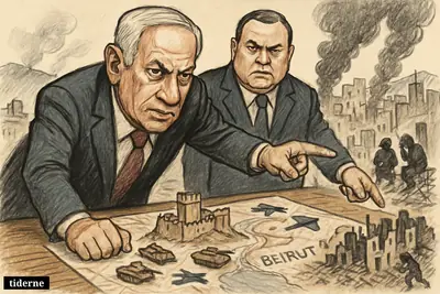 Caricature of Netanyahu and Israel Katz directing a military offensive over maps, with Beaufort Castle model and smoke rising over Beirut behind them.