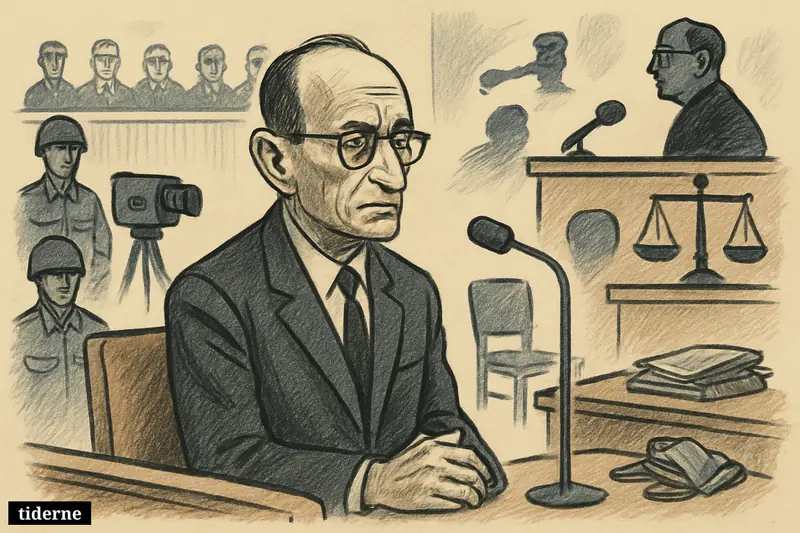 Adolf Eichmann caricature seated in a courtroom facing judge, camera, guards, and lawmakers, with symbols of trial, war, and harsh punishment.