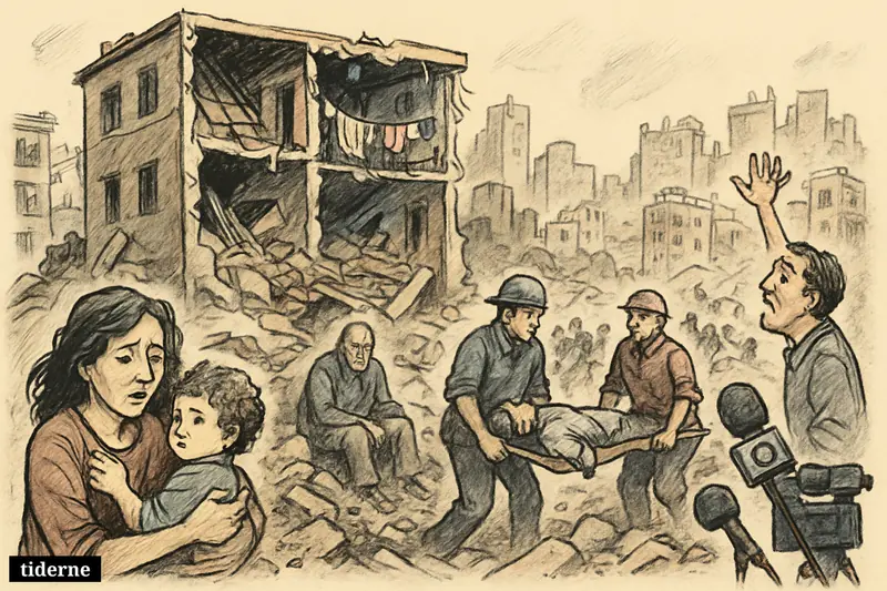 Ruined Beirut street after an airstrike, with civilians and rescuers amid collapsed buildings, debris, damaged cars, and a nearby TV camera.