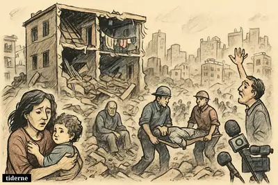 Ruined Beirut street after an airstrike, with civilians and rescuers amid collapsed buildings, debris, damaged cars, and a nearby TV camera.