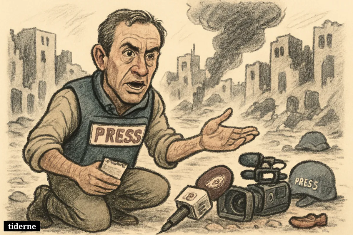 James Elder kneels in Gaza rubble beside broken camera equipment, gesturing urgently amid wrecked buildings, smoke, and signs of civilian and journalist casualties.