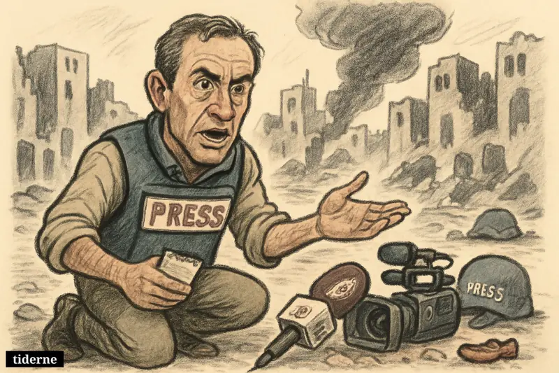 James Elder kneels in Gaza rubble beside broken camera equipment, gesturing urgently amid wrecked buildings, smoke, and signs of civilian and journalist casualties.