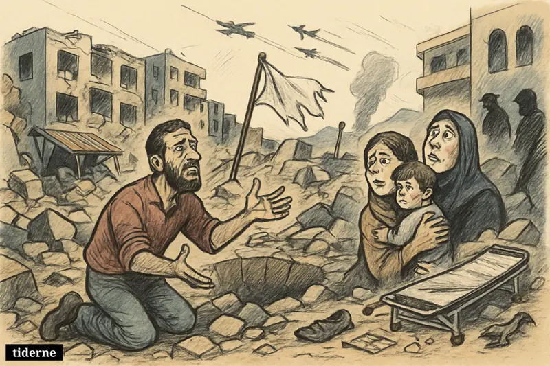 Civilians in a ruined Lebanese street react to fresh airstrikes, with rubble, a torn ceasefire flag, distant jets, and signs of civilian casualties.