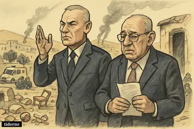 Caricatures of Joseph Aoun and Nabih Berri standing in a bomb-damaged South Lebanon street amid rubble, smoke, and signs of civilian loss.