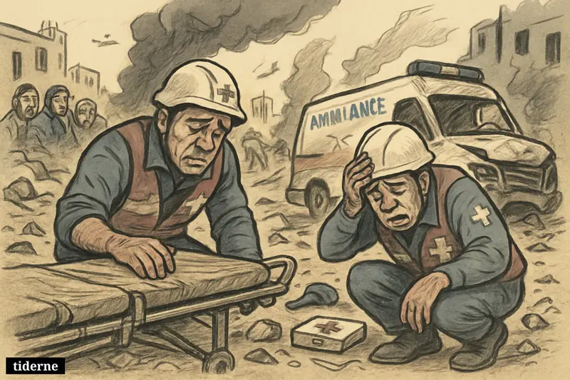 Two grieving rescue workers beside damaged ambulances in an airstrike-hit street, with debris, injured civilians, and smoke in the background.
